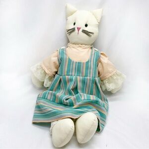 Vintage Handmade Fabric Cat Doll Green and Peach Stripe Dress